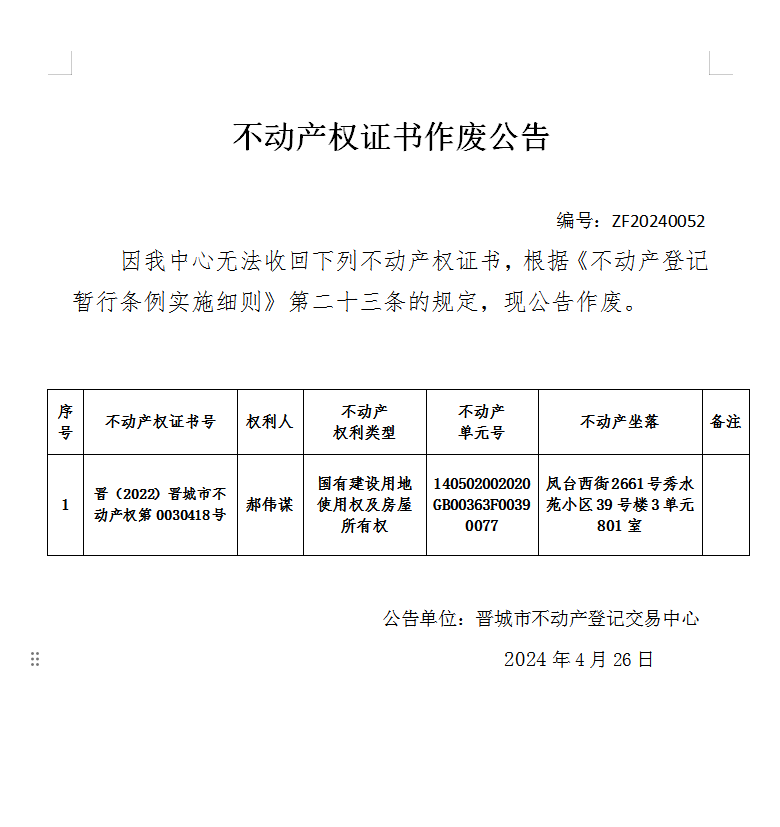 不动产权证书作废公告（六百六十五）20240052(图1)