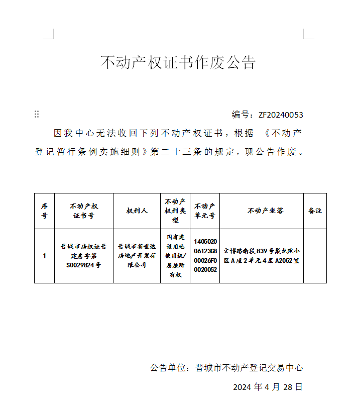 不动产权证书作废公告（六百六十六）20240053(图1)