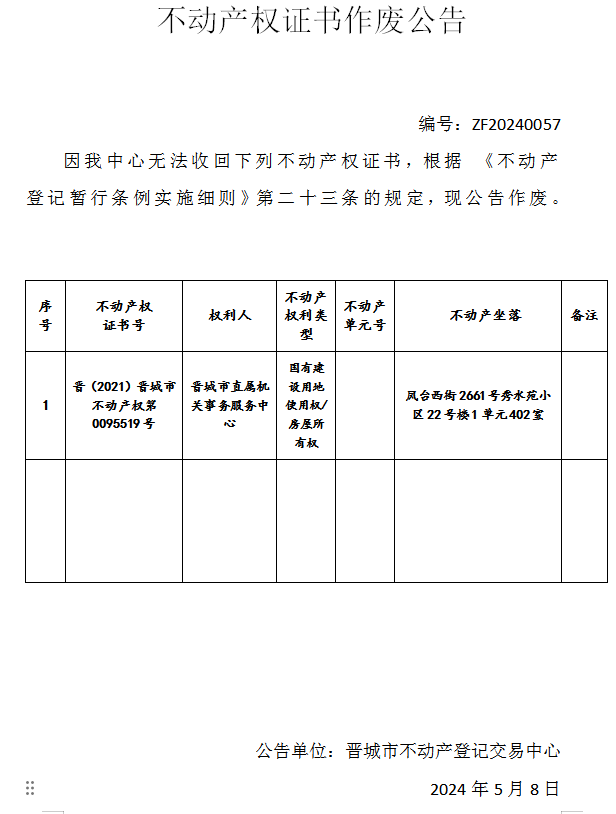 不动产权证书作废公告（六百七十）20240057(图1)
