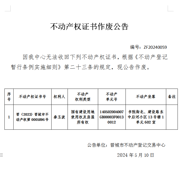 不动产权证书作废公告（六百七十二）20240059(图1)