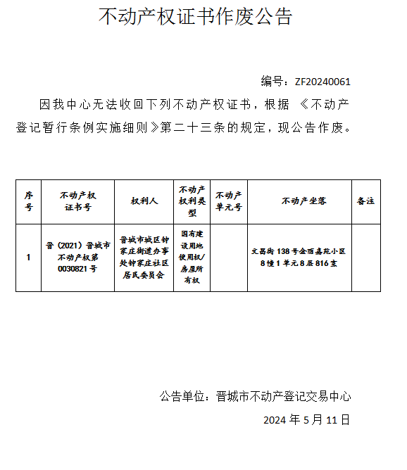 不动产权证书作废公告（六百七十四）20240061(图1)