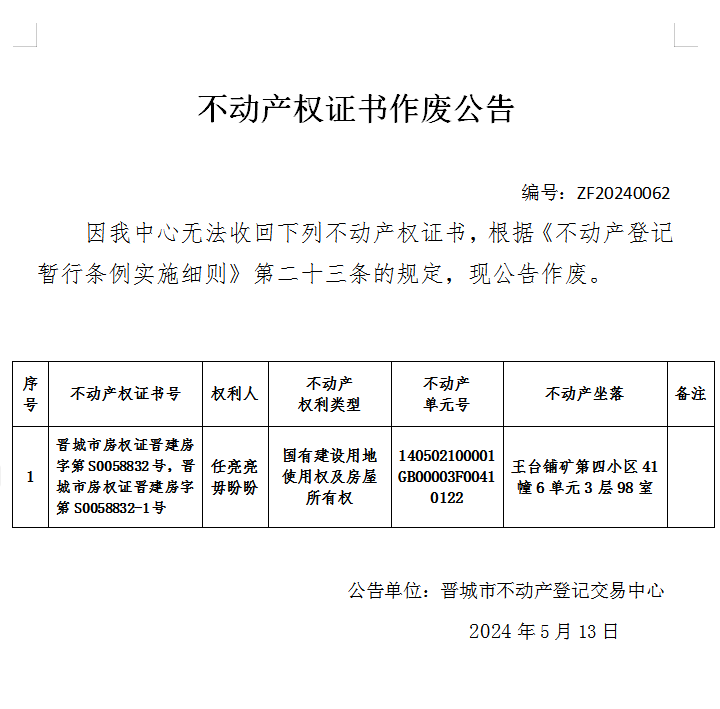 不动产权证书作废公告（六百七十五）20240062(图1)