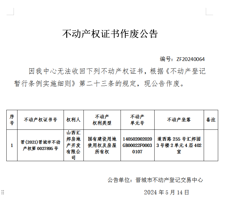 不动产权证书作废公告（六百七十七）20240064(图1)