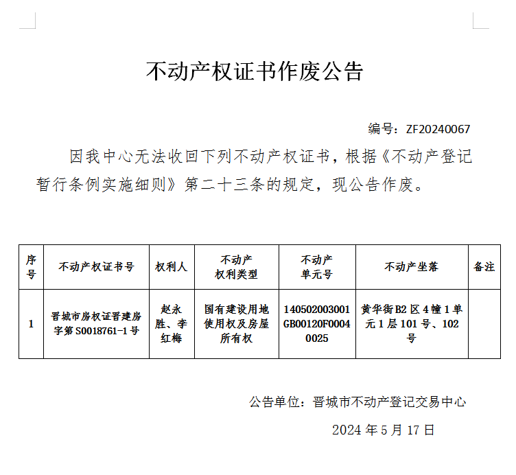 不动产权证书作废公告（六百八十）20240067(图1)