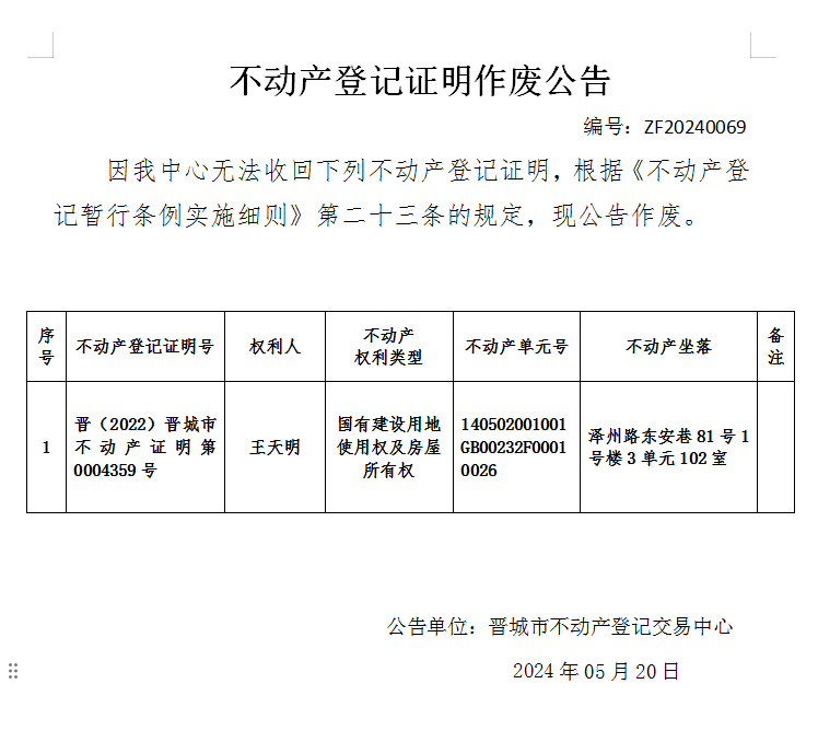 不动产登记证明作废公告（六百八十二）20240069(图1)