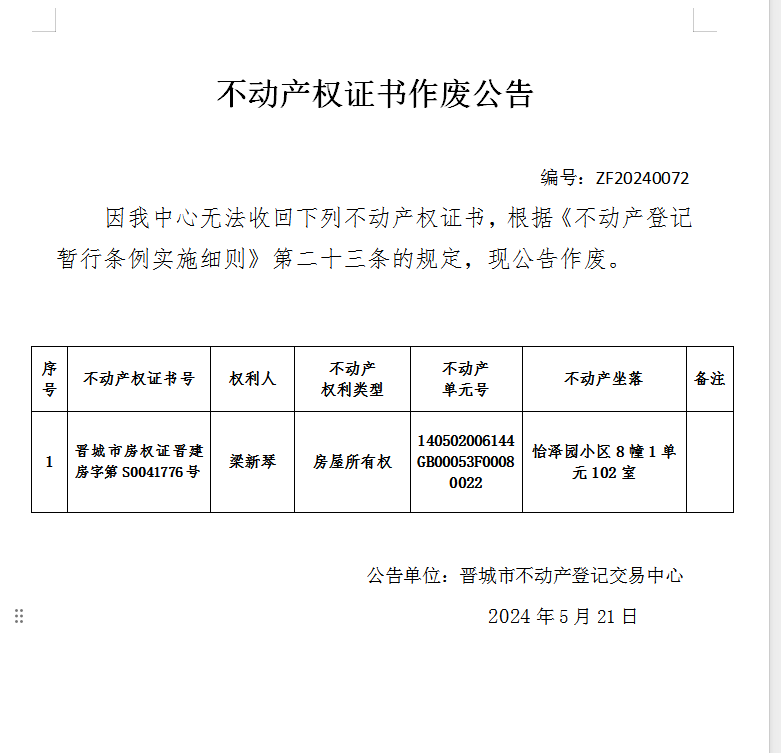 不动产登记证书作废公告（六百八十五）20240072(图1)