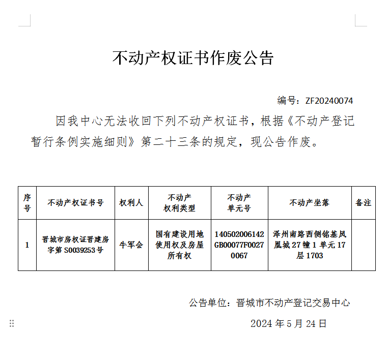不动产登记证书作废公告（六百八十七）20240074(图1)
