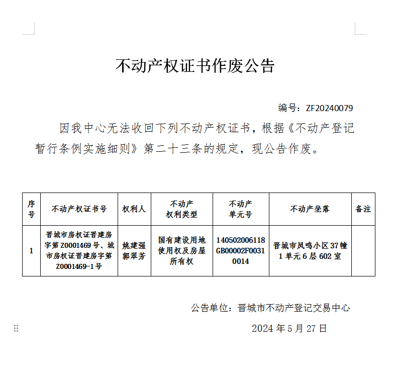 不动产登记证明作废公告（六百九十一）20240079(图1)