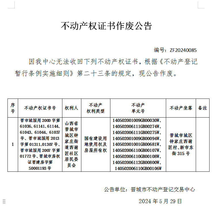 不动产权证书作废公告（六百九十八）20240085(图1)