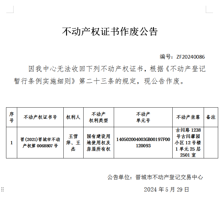 不动产权证书作废公告（六百九十九）20240086(图1)