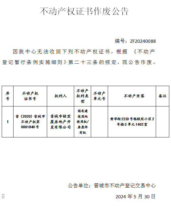 不动产权证书作废公告（七百零一）20240088(图1)