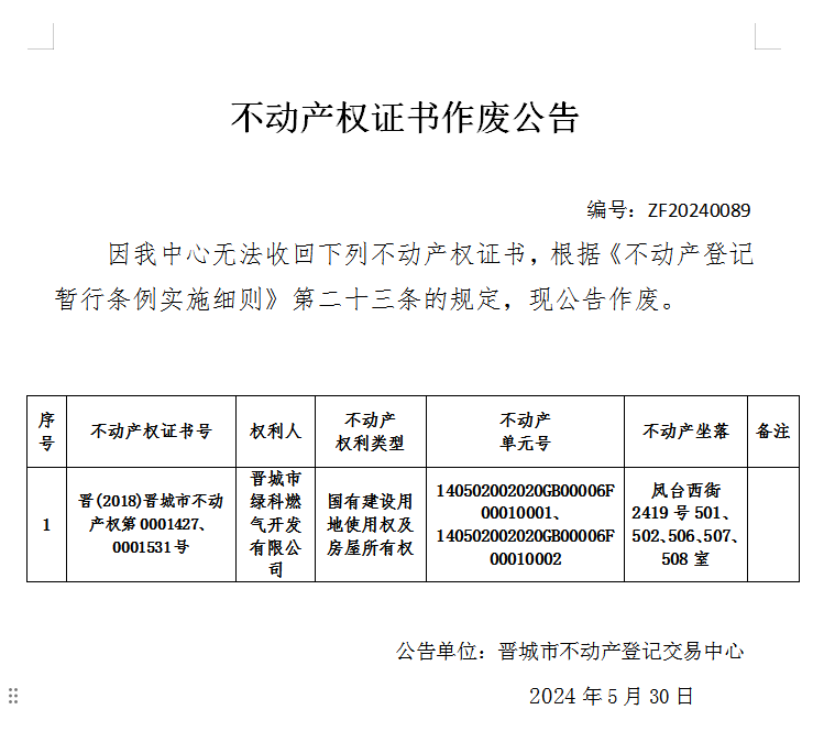 不动产权证书作废公告（七百零二）20240089(图1)