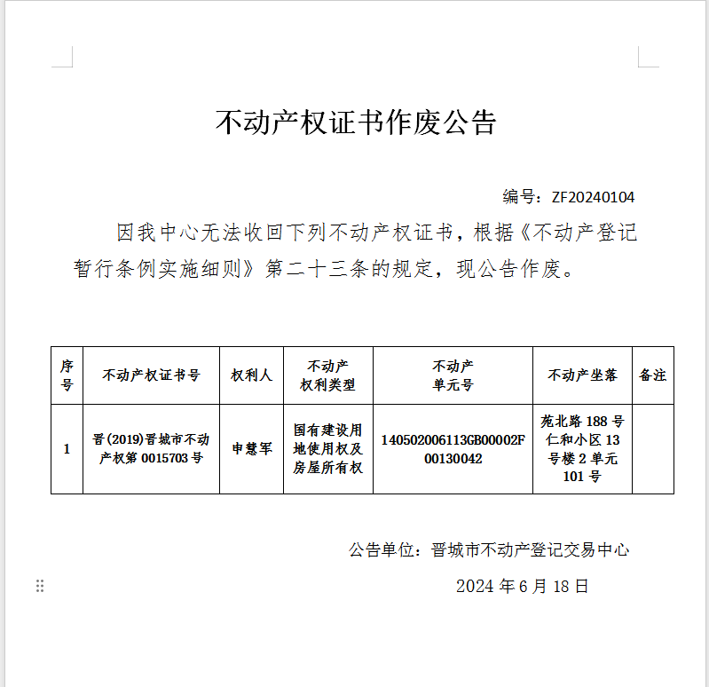 不动产权证书作废公告（七百一十七）20240104(图1)