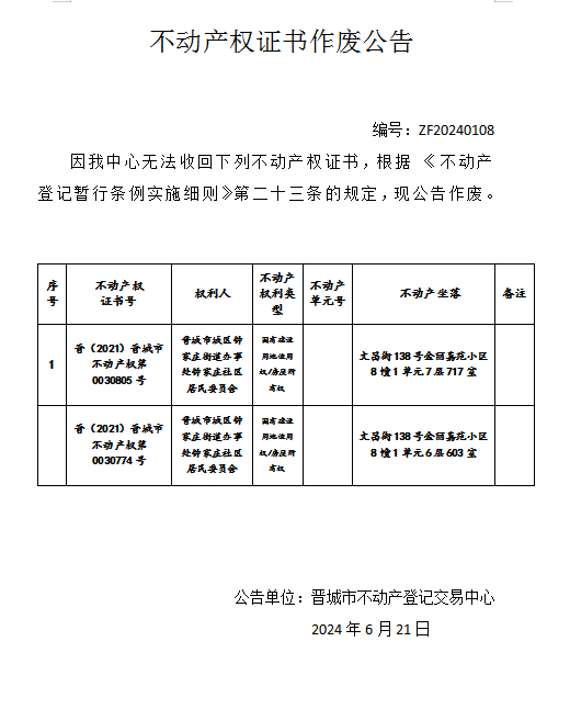 不动产权证书作废公告（七百二十一）20240108(图1)