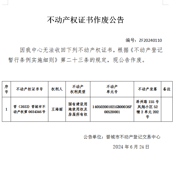 不动产登记证明作废公告（七百二十三）20240110(图1)