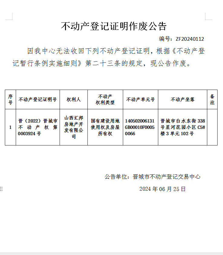 不动产权证书作废公告（七百二十五）20240112(图1)