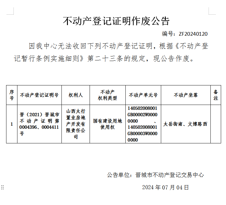 不动产登记证明作废公告（七百三十三）20240120(图1)