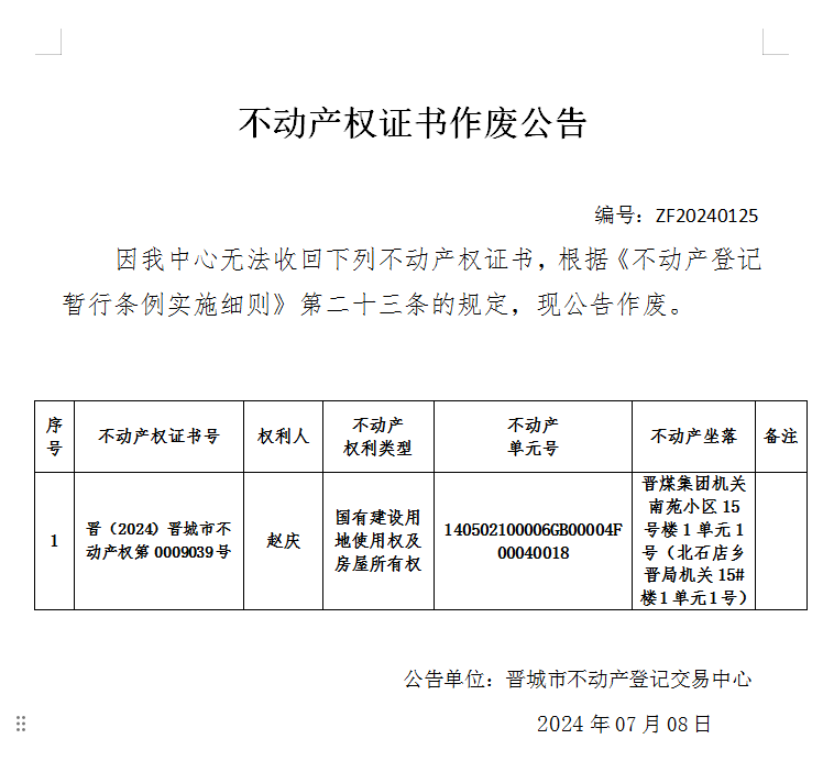 不动产权证书作废公告（七百三十八）20240125(图1)
