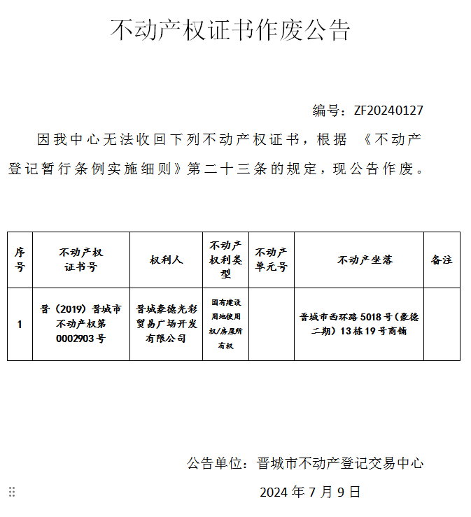 不动产权证书作废公告（七百四十）20240127(图1)