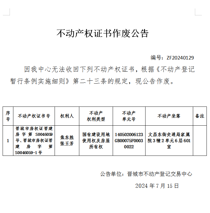 不动产权证书作废公告（七百四十二）20240129(图1)