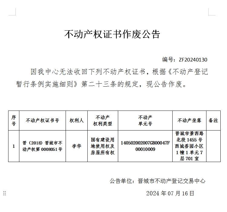 不动产权证书作废公告（七百四十三）20240130(图1)