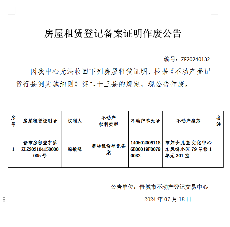 房屋租赁备案证明作废公告（七百四十五）20240132(图1)