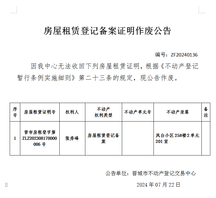 房屋租赁备案证明作废公告（七百四十九）20240136(图1)