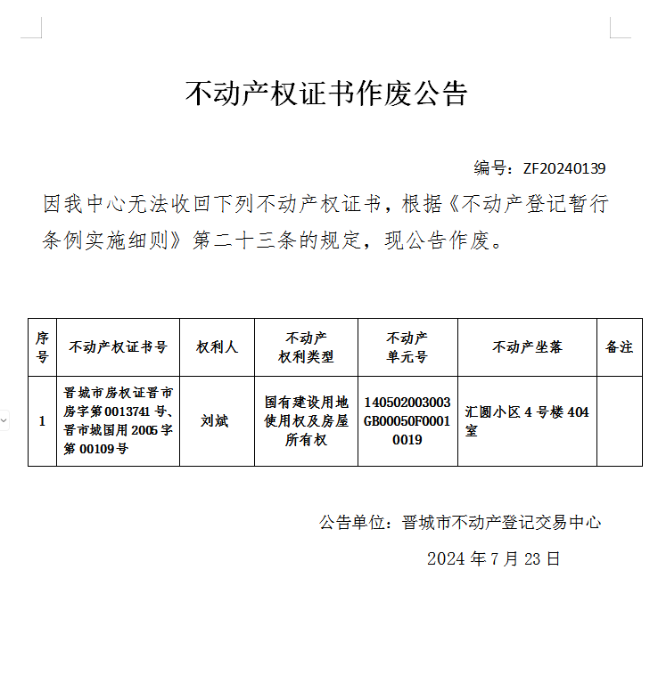 不动产权证书作废公告（七百五十二）20240139(图1)