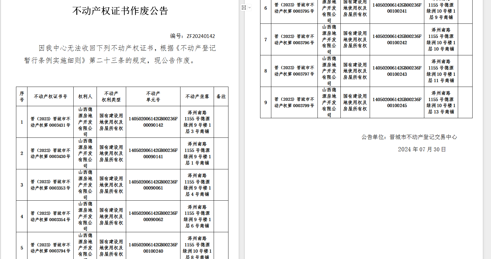 不动产权证书作废公告（七百五十五）20240142(图1)