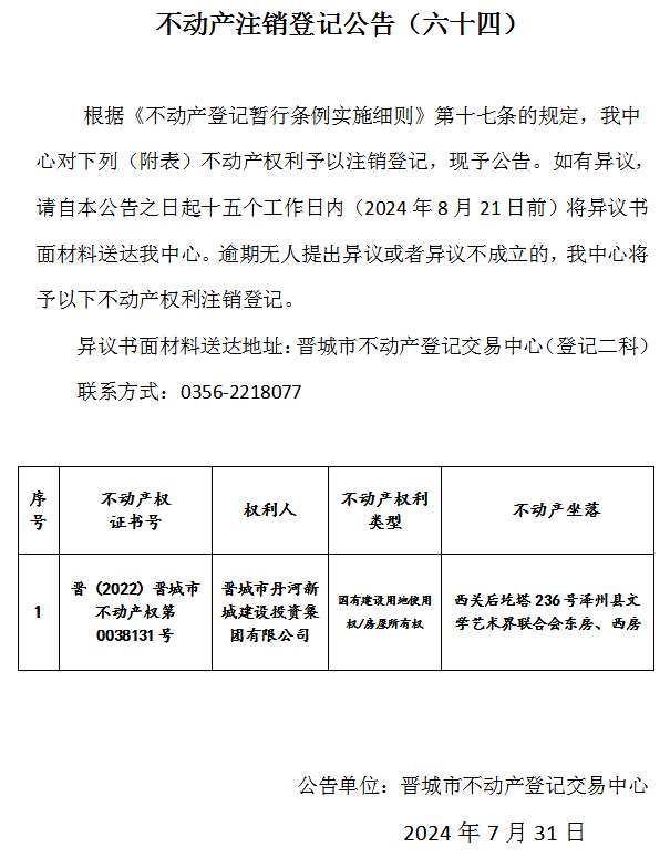 不动产注销登记公告（六十四）(图1)