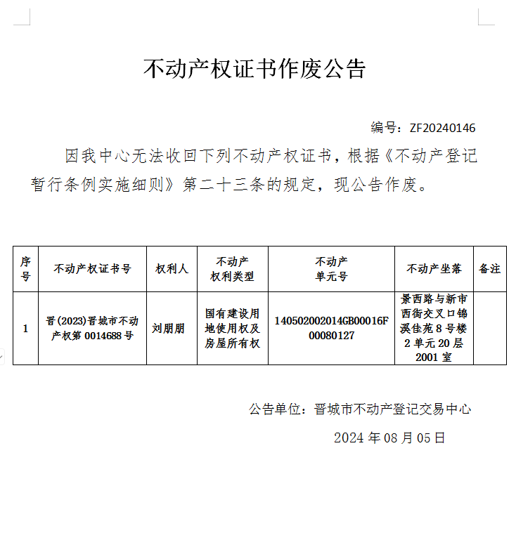 不动产权证书作废公告（七百五十九）20240146(图1)