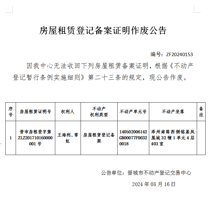 房屋租赁备案证明作废公告（七百六十六）20240153(图1)