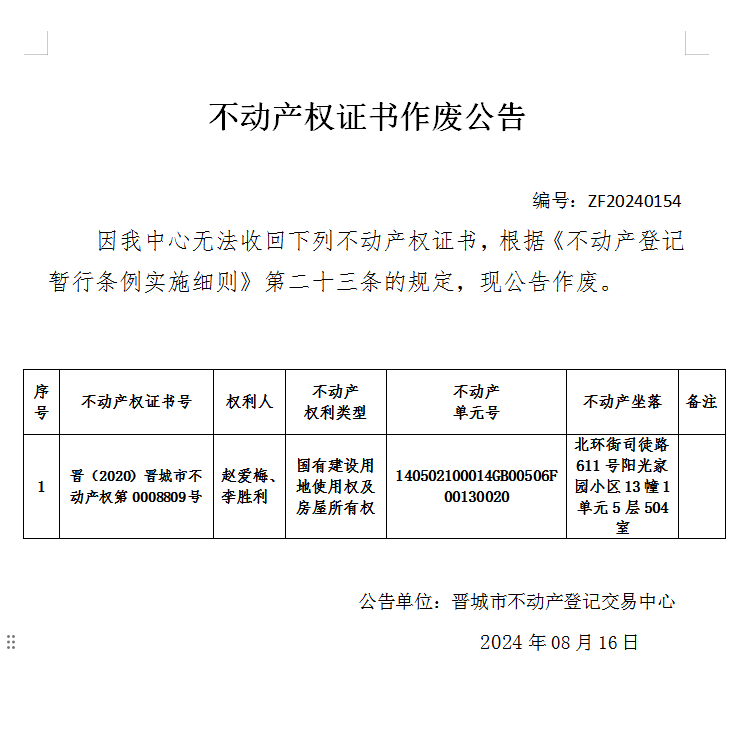 不动产权证书作废公告（七百六十七）20240154(图1)