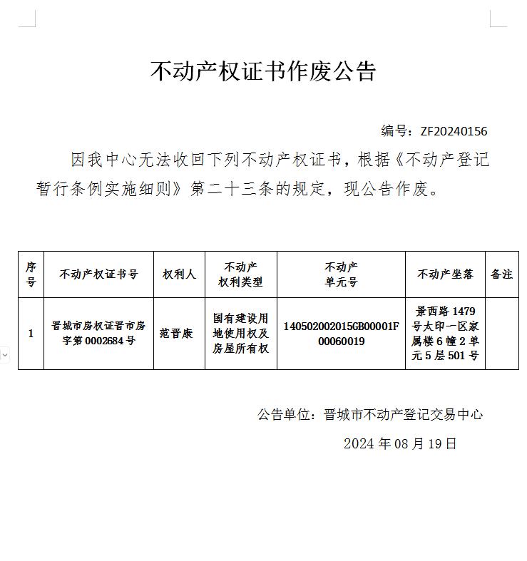 不动产权证书作废公告（七百六十九）20240156(图1)