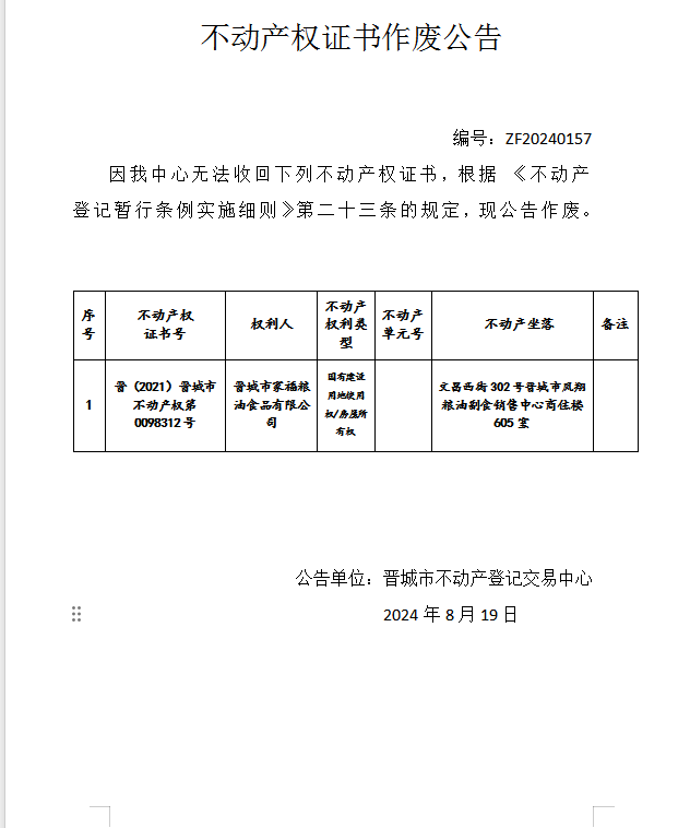 不动产权证书作废公告（七百七十）20240157(图1)