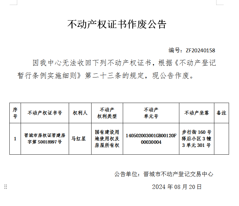 不动产权证书作废公告（七百七十一）20240158(图1)