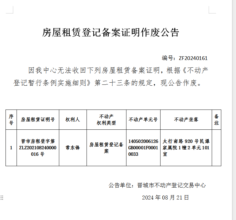 不动产权证书作废公告（七百七十四）20240161(图1)
