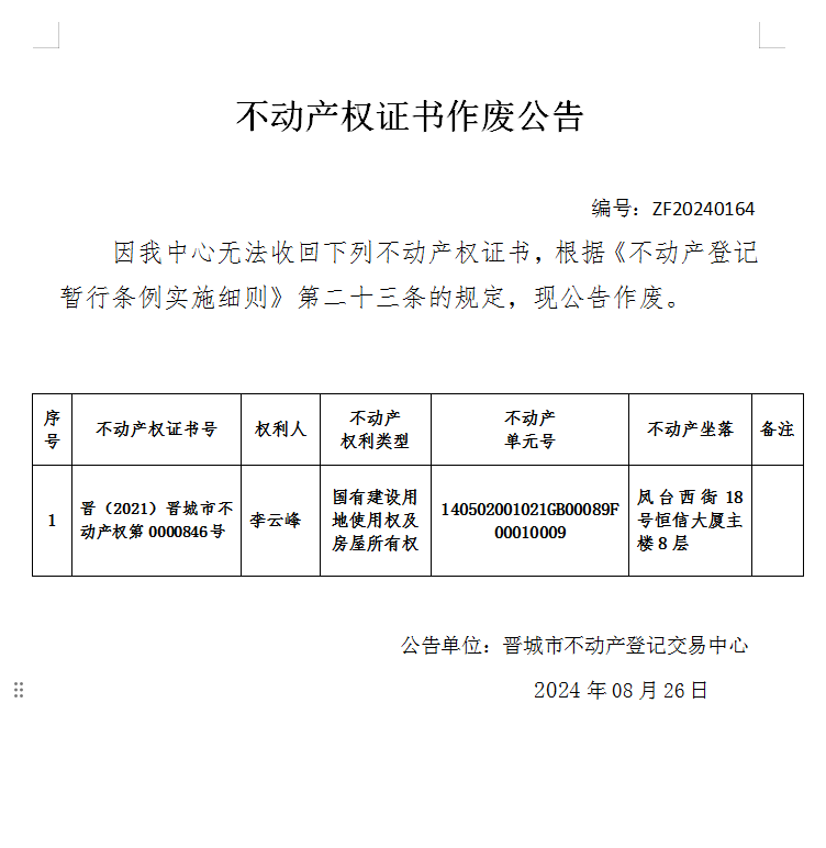 不动产权证书作废公告（七百七十七）20240164(图1)