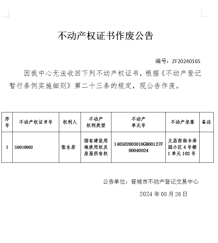 不动产权证书作废公告（七百七十八）20240165(图1)