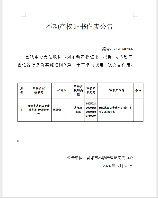 不动产权证书作废公告（七百七十九）20240166(图1)