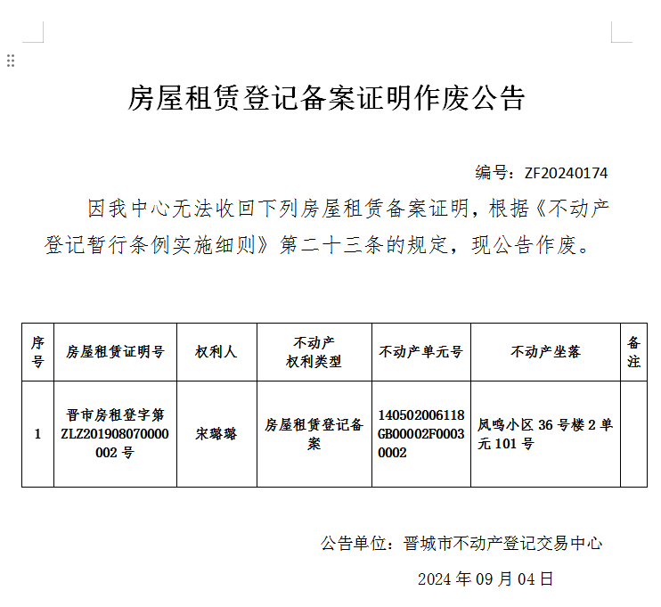 房屋租赁备案证明作废公告（七百八十七）20240174(图1)