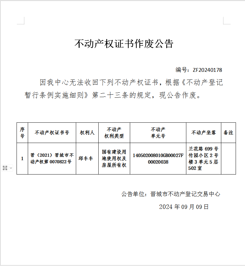 不动产权证书作废公告（七百九十一）20240178(图1)