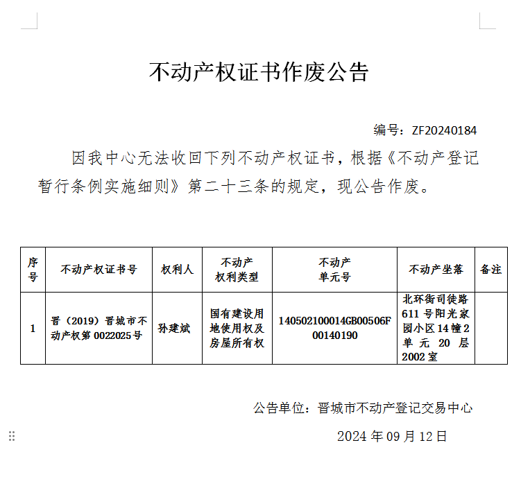 不动产权证书作废公告（七百九十七）20240184(图1)