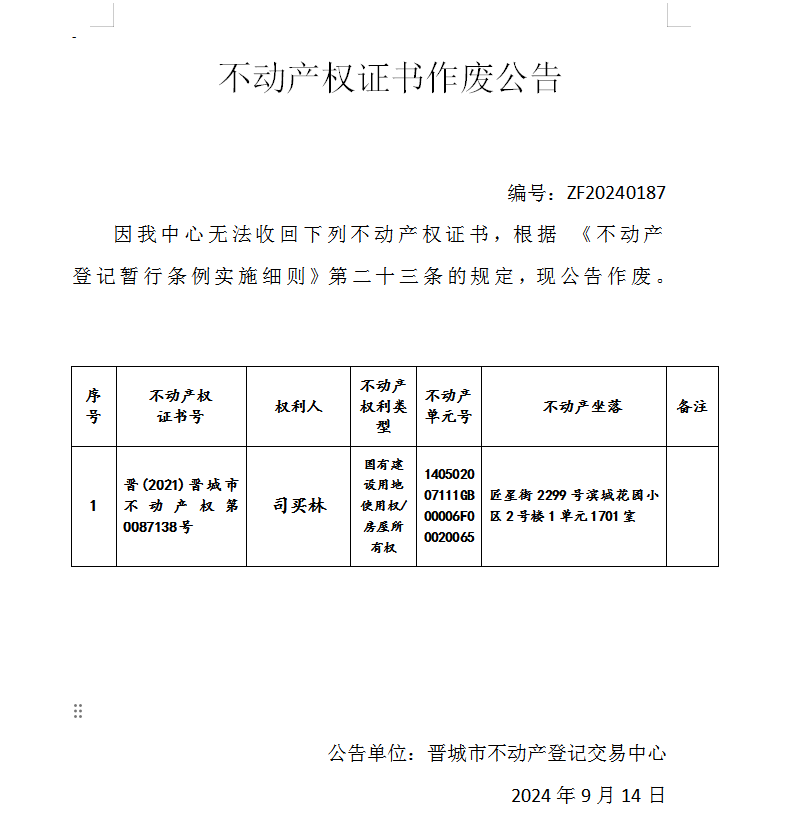 不动产权证书作废公告（八百）20240187(图1)