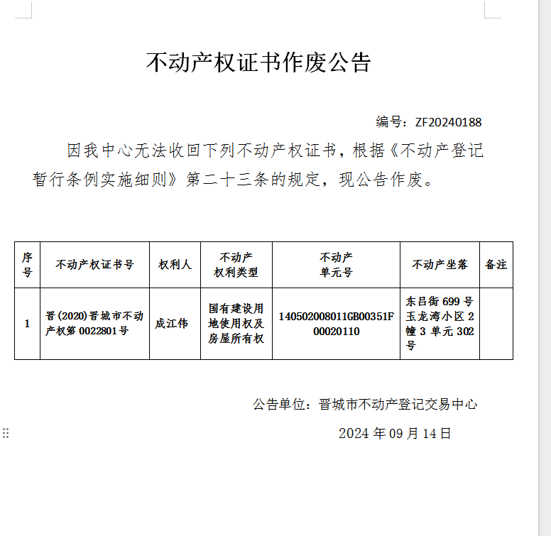 不动产权证书作废公告（八百零一）20240188(图1)