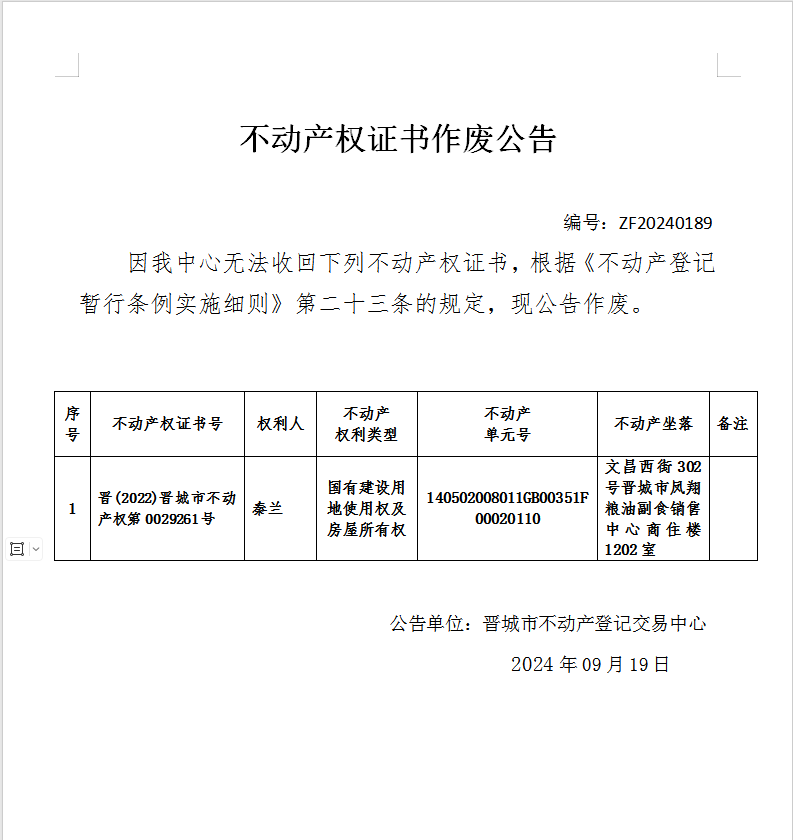 不动产权证书作废公告（八百零二）20240189(图1)