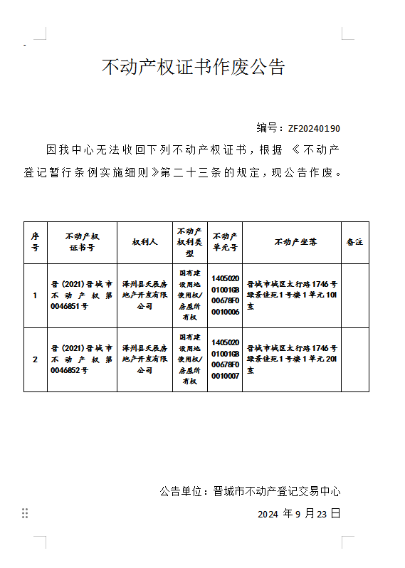 不动产权证书作废公告（八百零三）20240190(图1)