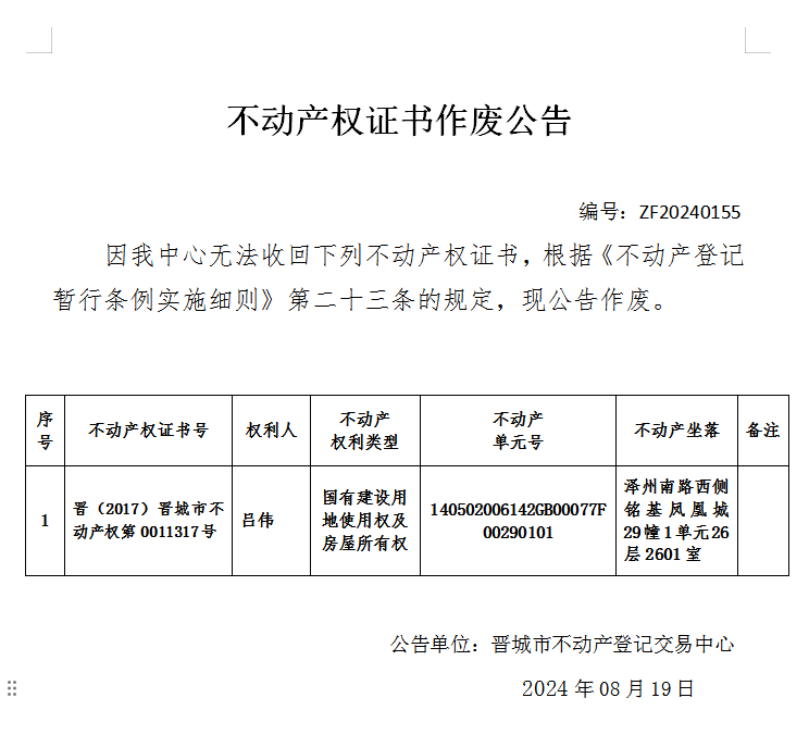 不动产权证书作废公告（七百六十八）20240155(图1)