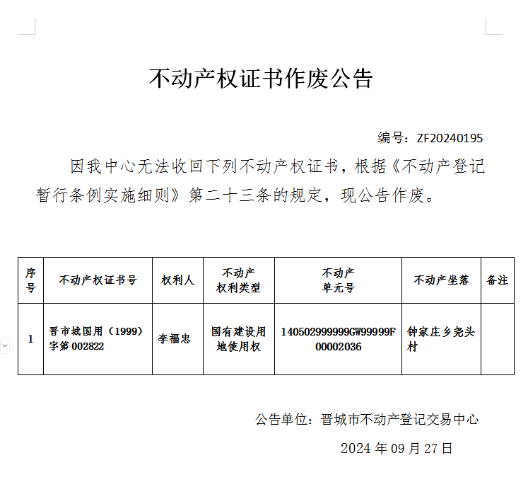 不动产权证书作废公告（八百零八）20240195(图1)