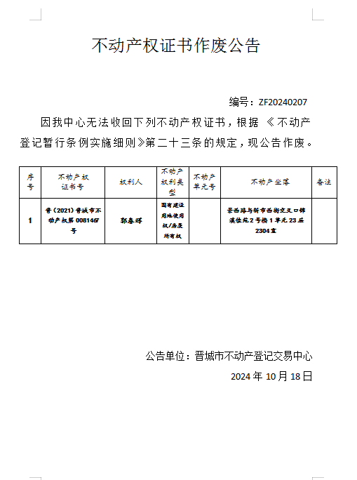 不动产权证书作废公告（八百二十）20240207(图1)